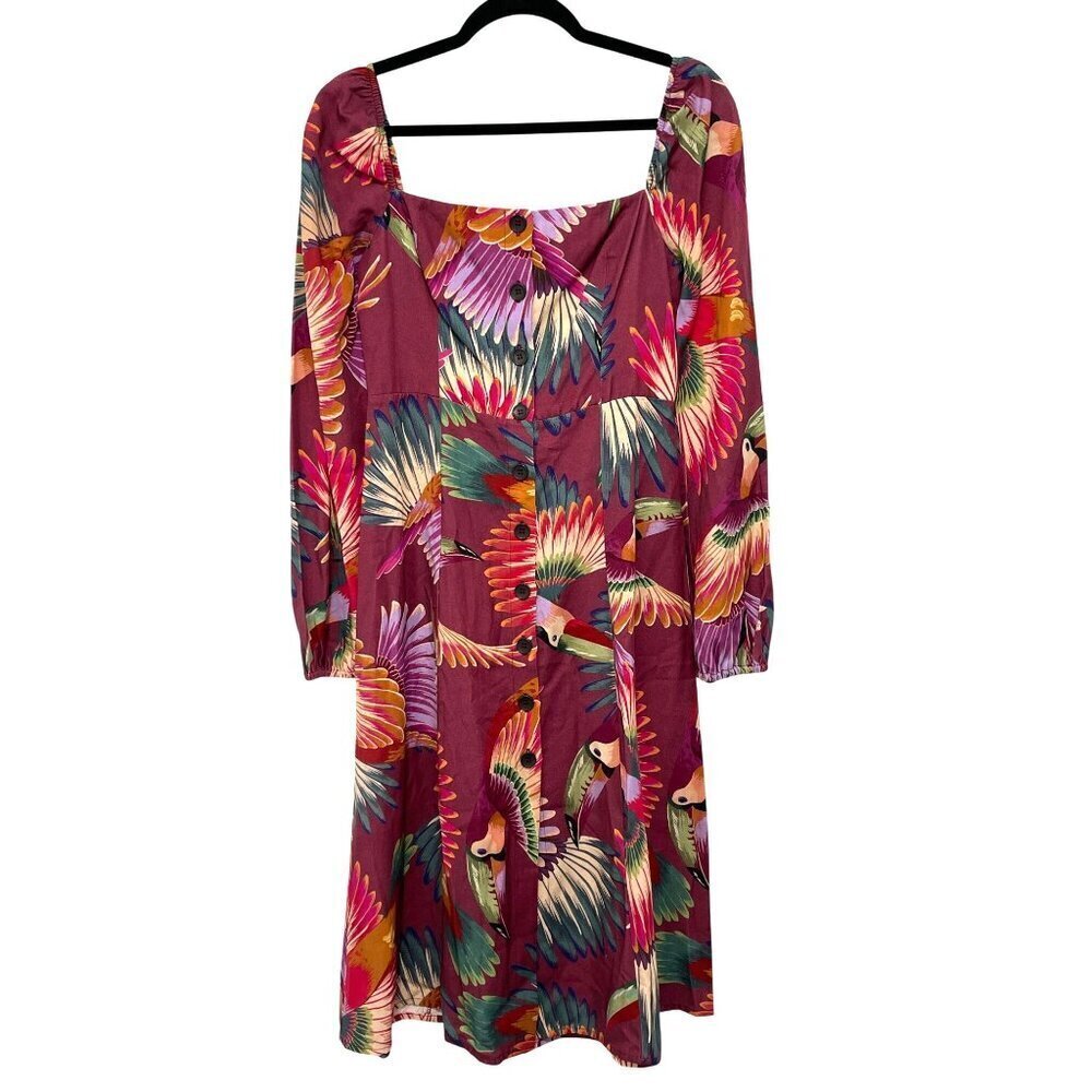Farm Rio Toucan Button Down Square Neck Midi Dress Size Small NWT